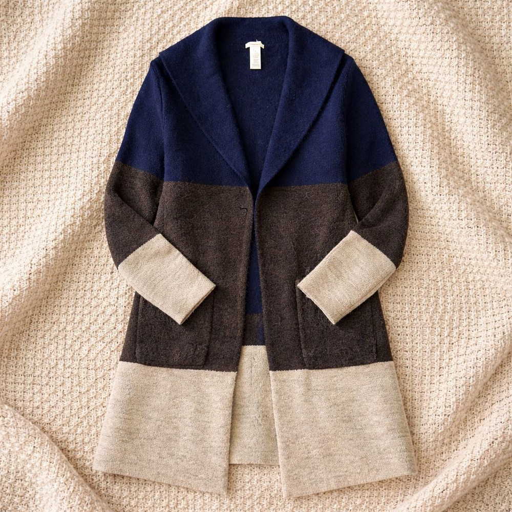 Women's Cozy MAX STUDIO Navy Brown Colorblock Longline Open Cardigan Duster S